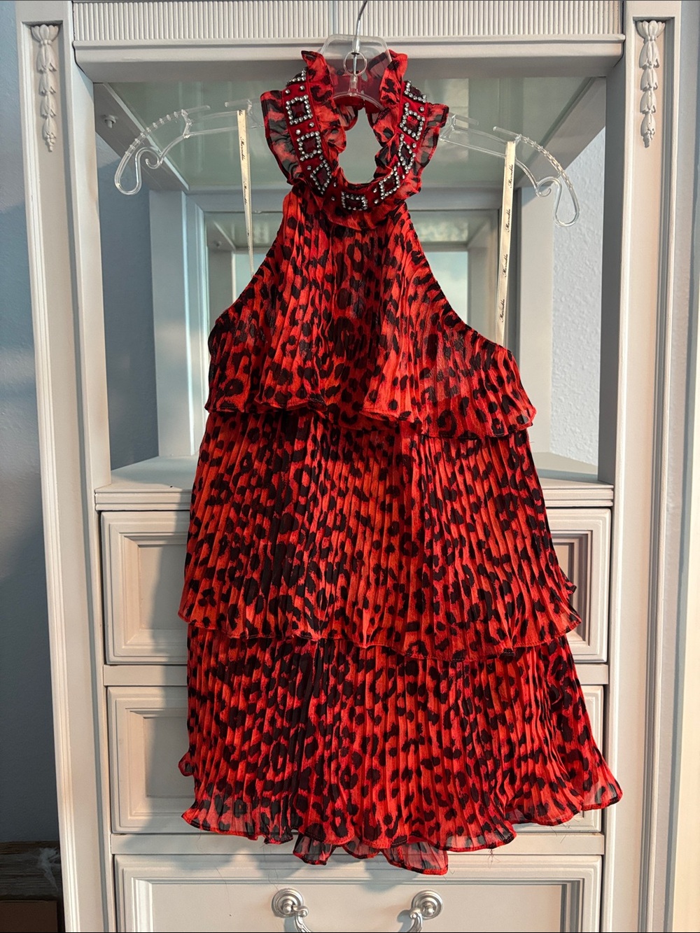 Marineblu Red and Black Tiered Ruffle Halter Camisole with Beaded Neck